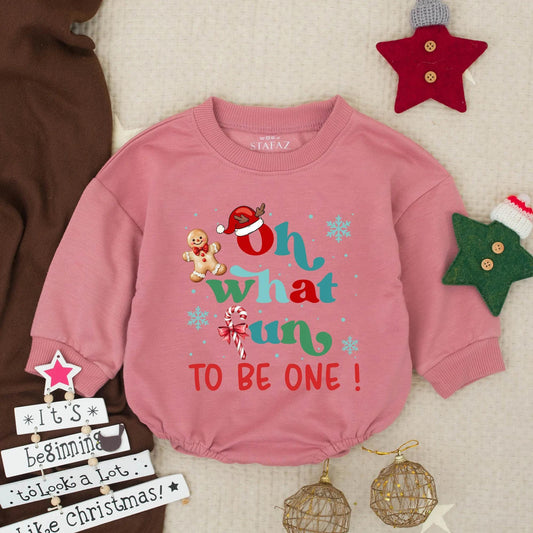 Oh What Fun To Be One! Baby's First Christmas Birthday Bubble Romper Festive Holiday Infant Toddler Outfit with Santa Hat Gingerbread Man Snowflakes Design