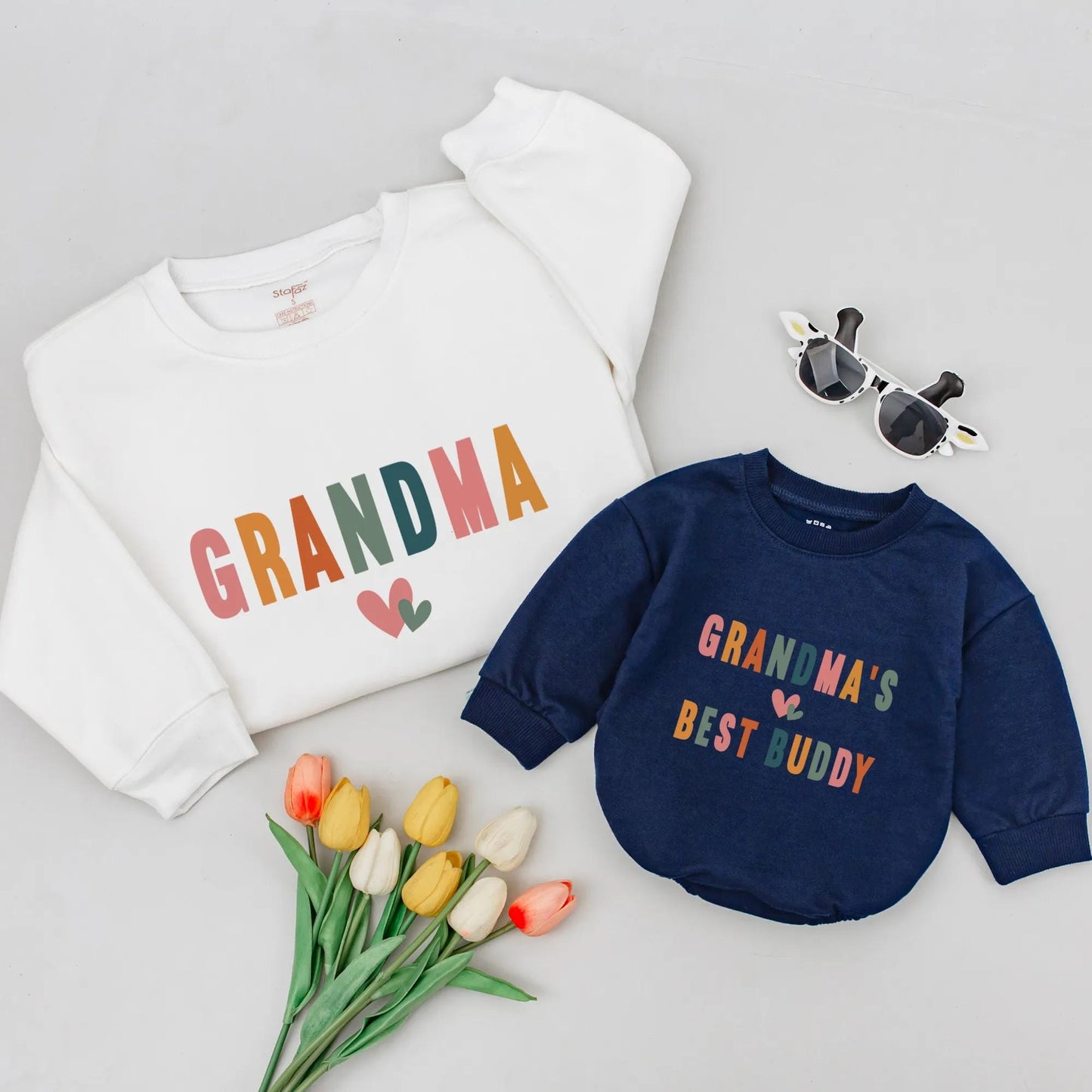 Personalized Grandma & Best Buddy Matching Sweatshirt Set Colorful Pastel Hearts Grandchild Gift Baby Shower New Grandmother Reveal Outfit