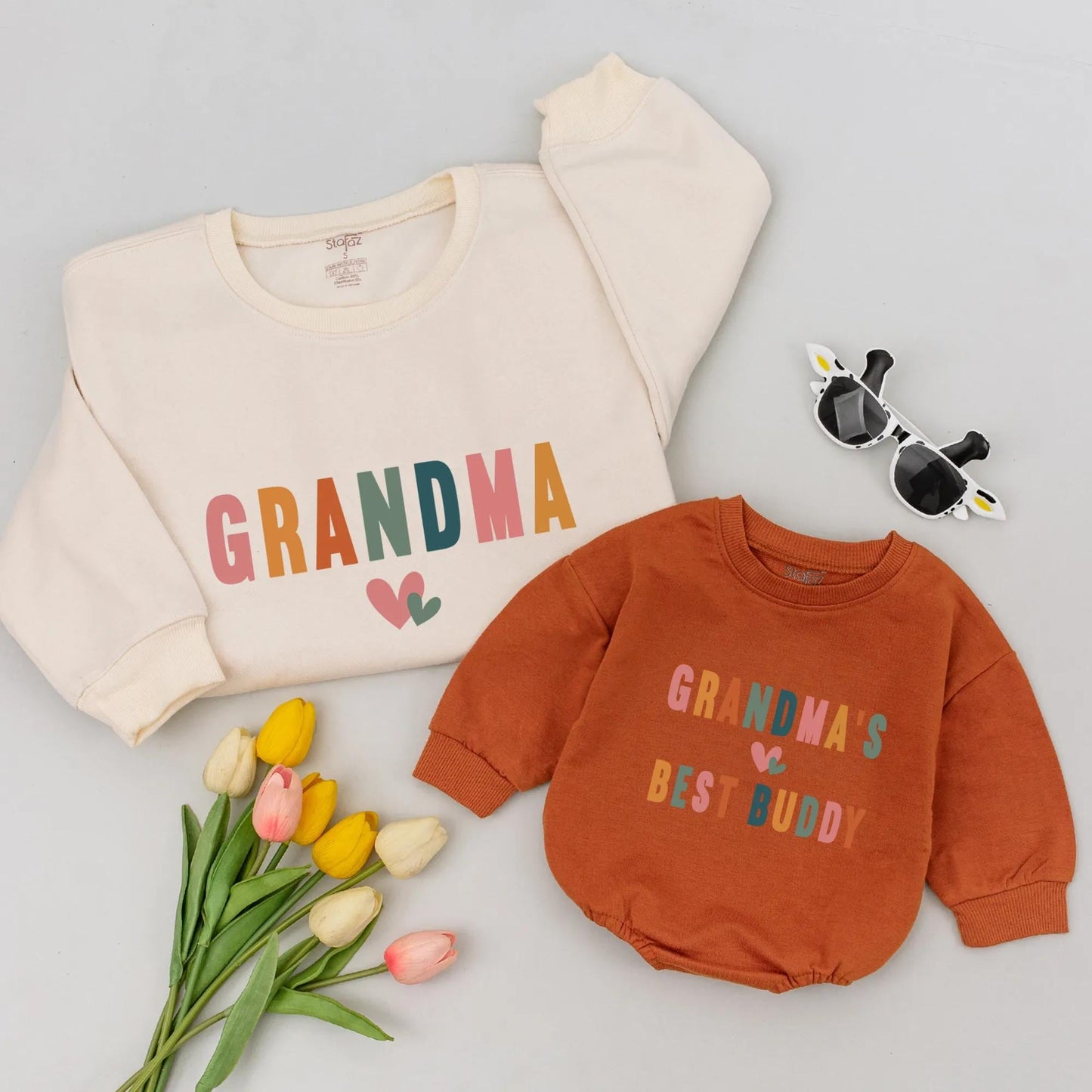 Personalized Grandma & Best Buddy Matching Sweatshirt Set Colorful Pastel Hearts Grandchild Gift Baby Shower New Grandmother Reveal Outfit