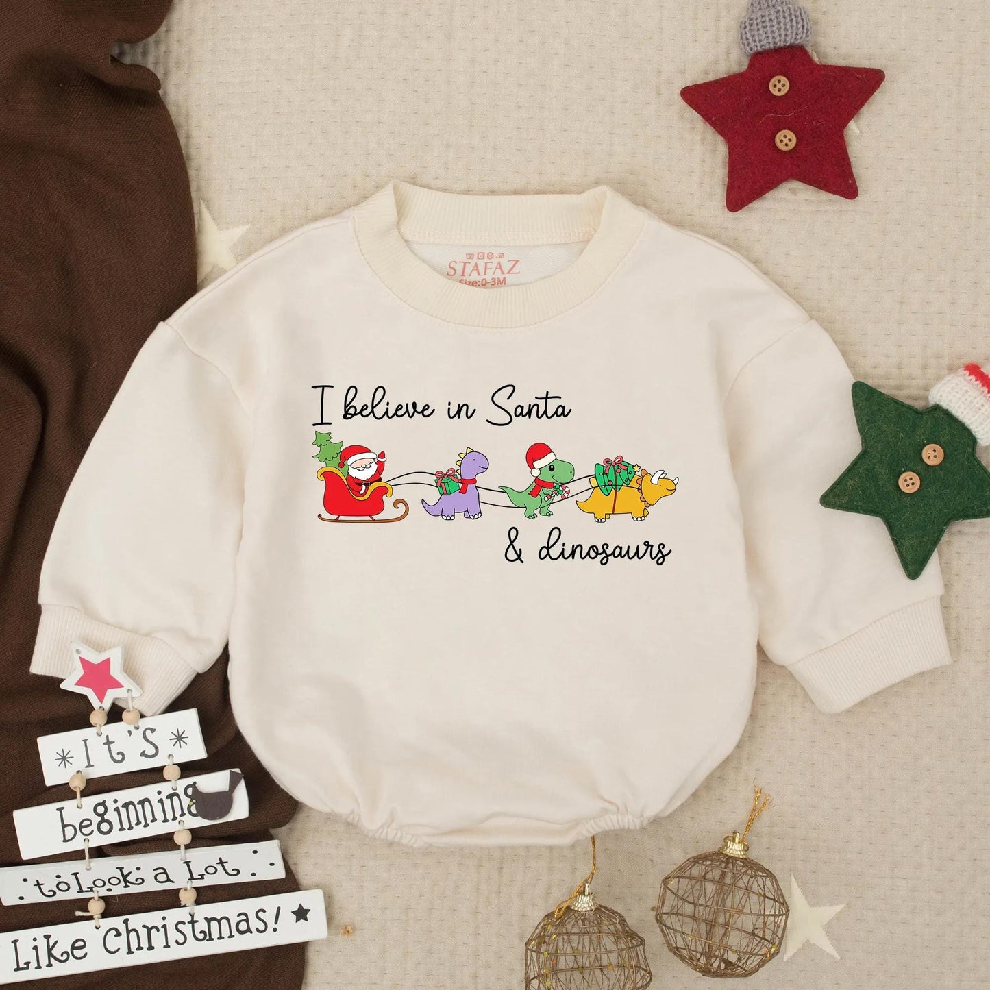 Santa Dinosaur Christmas Romper: I Believe! Funny Toddler Holiday Sweatshirt, Colorful Cartoon Santa Sleigh with Purple, Green & Yellow Dinos Gift Idea (138 chars)