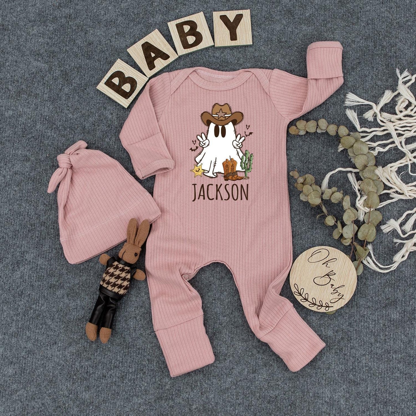 Ghost Cowboy Baby Bodysuit Personalized Infant Romper Jackson Cowboy Ghost Halloween Baby Outfit Newborn Gift