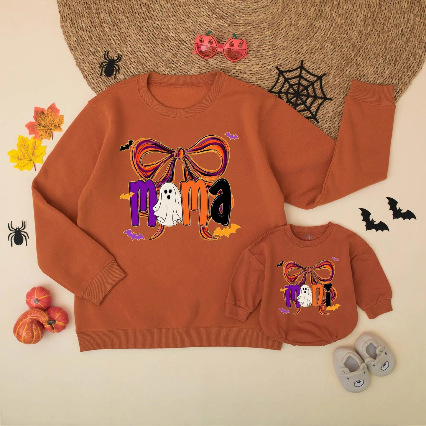 Mama & Mini Halloween Matching Sweatshirts: Spooky Cute Bow Sweaters for Mom & Daughter, Girly Bat Silhouette Fall Outfit, Comfy Halloween Gift (139 chars)