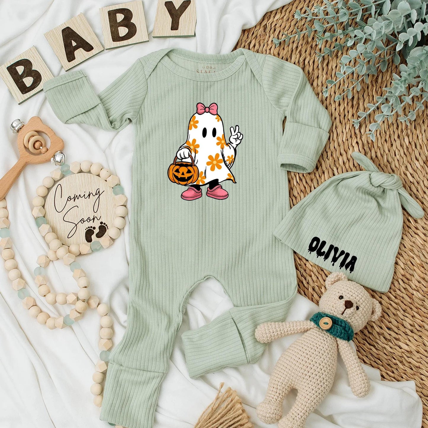 Personalized Baby Girl Ghost Bodysuit Cute Bow Ghost Floral Halloween Outfit Pumpkin Candy Bucket Spooky Baby Shower Gift