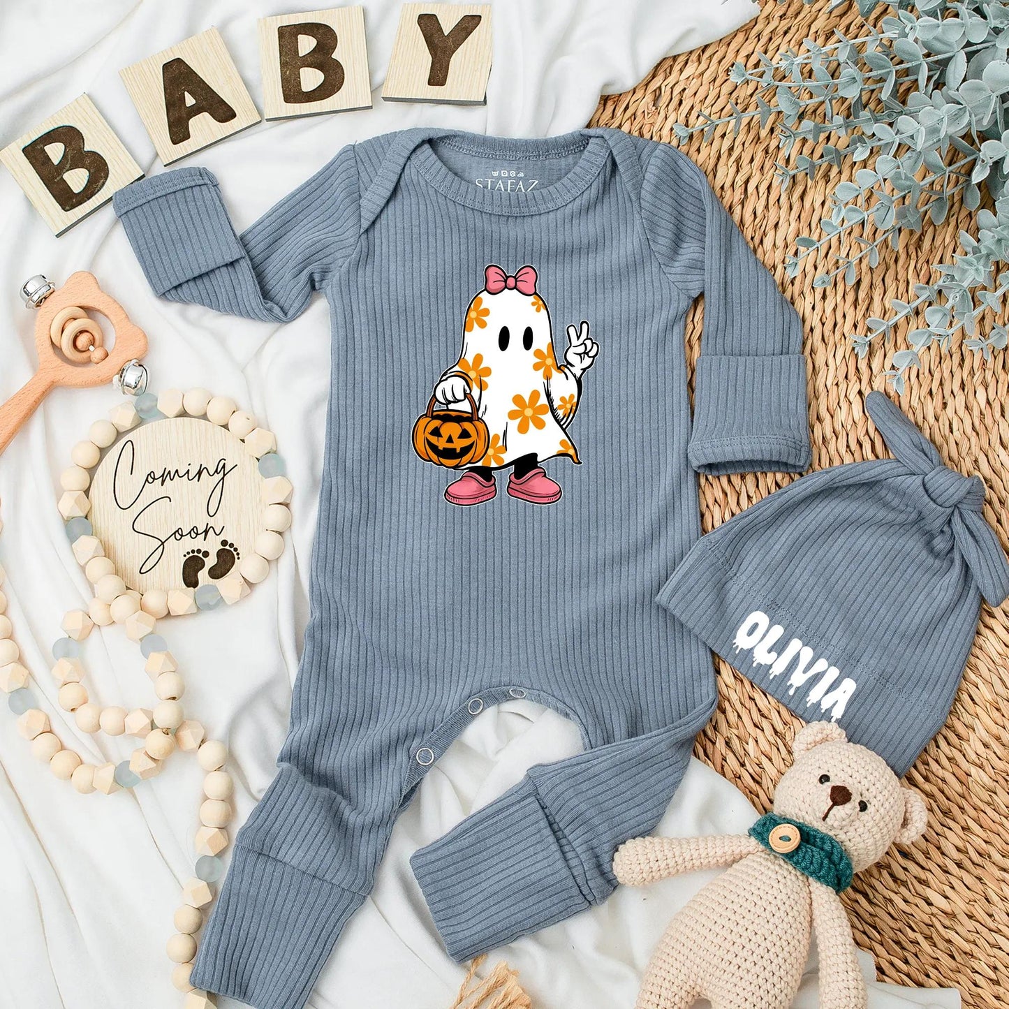 Personalized Baby Girl Ghost Bodysuit Cute Bow Ghost Floral Halloween Outfit Pumpkin Candy Bucket Spooky Baby Shower Gift