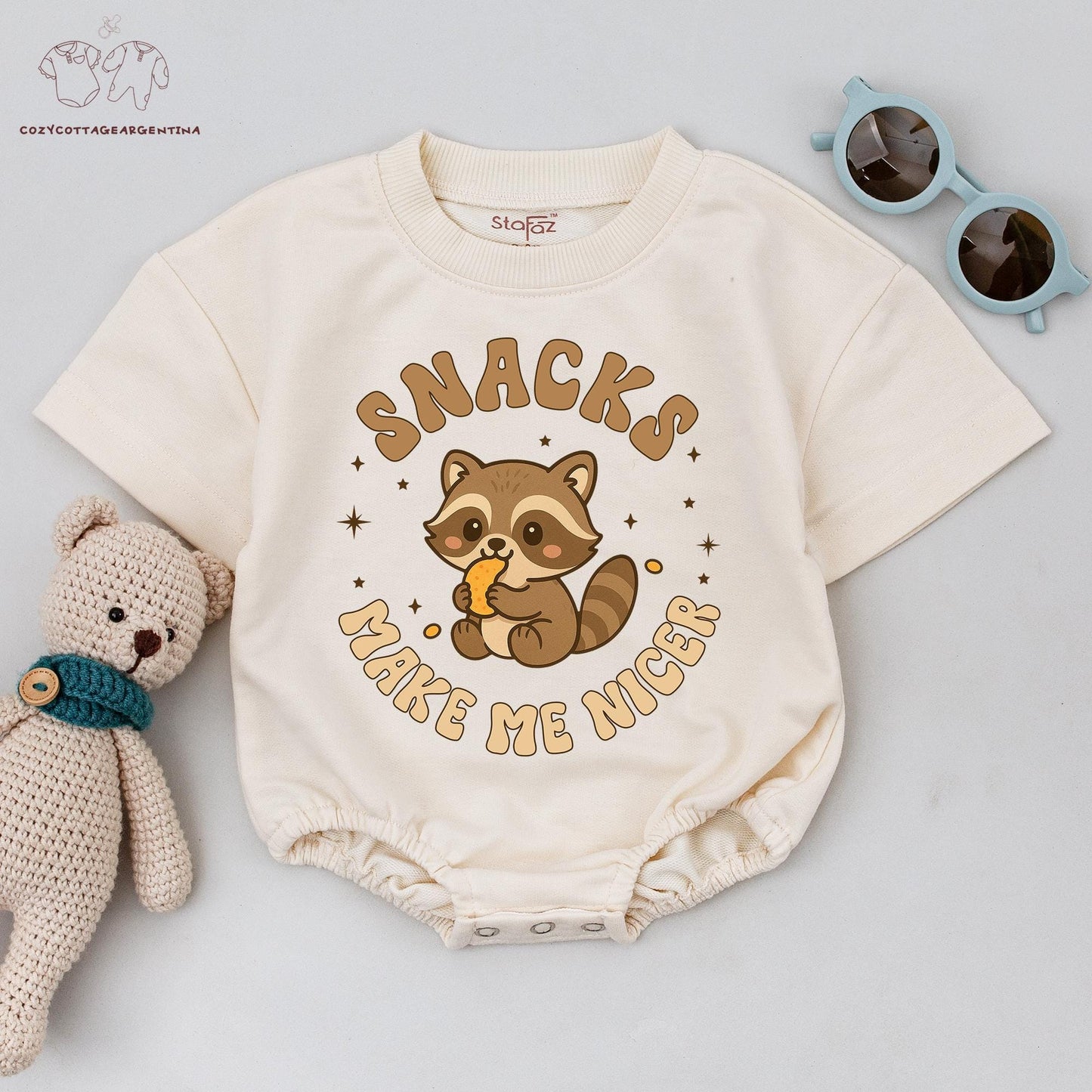 Retro Raccoon Snacks Make Me Nicer Baby Romper, Funny Cartoon Bodysuit for Little Foodies, Vintage Style Outfit, Cute Graphic Tee, Brown and Tan Design
