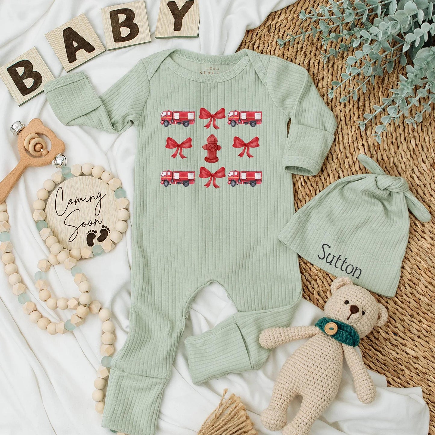 Firetruck Fun! Personalized Baby Girl Bodysuit with Red Hydrants & Bows, Firefighter Outfit Newborn Romper, Custom Baby Shower Gift, Cute Clothes (139 chars)