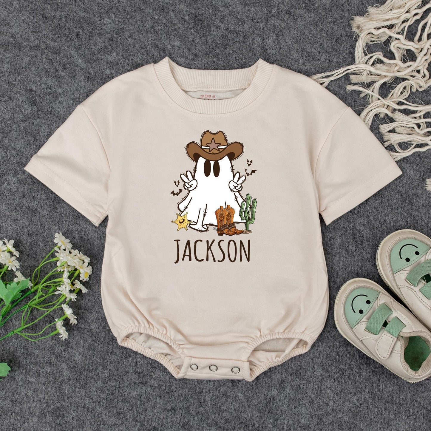 Whimsical Cowboy Ghost Baby Outfit Personalized Halloween Kids Custom Name Bodysuit Fall Toddler Sweatshirt