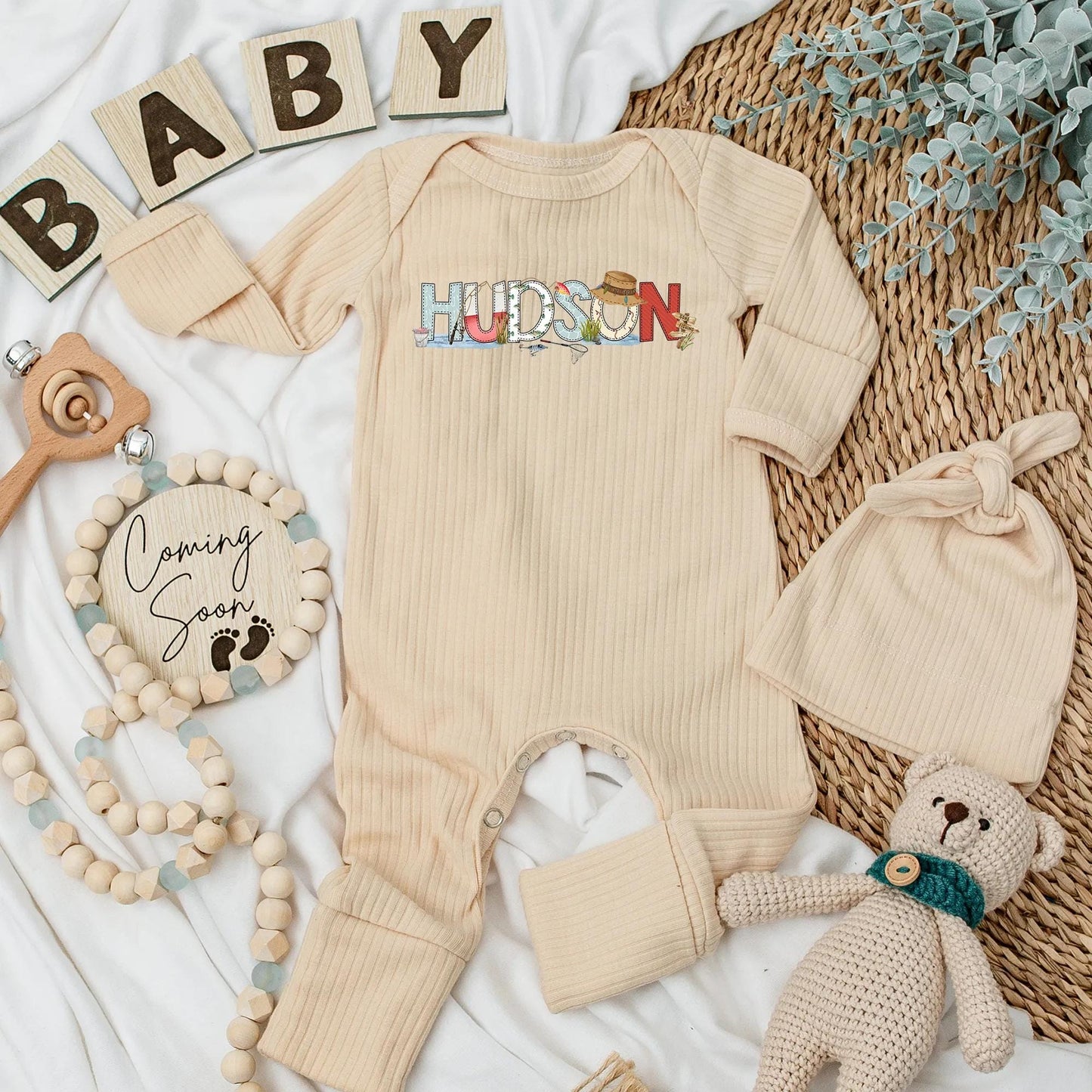 Hudson's Fishing Adventure Bodysuit, Personalized Baby Boy Clothes, Newborn Outfit, Cute Fisherman Gift Set, Coming Home Outfit, Playful Fishing Theme 138