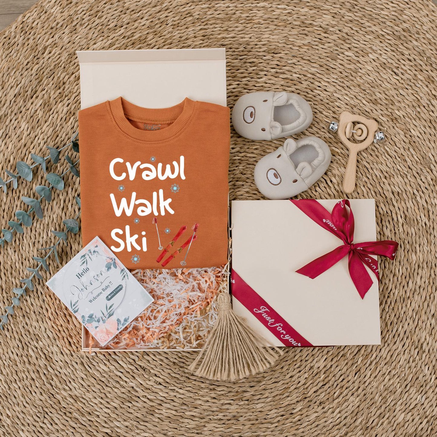 Crawl Walk Ski Baby's First Christmas Bodysuit Outfit, Funny Winter Skiing Clothes for Toddler, Cute Snowflakes Ski Gift, Comfy Cotton Infant Sweatshirt