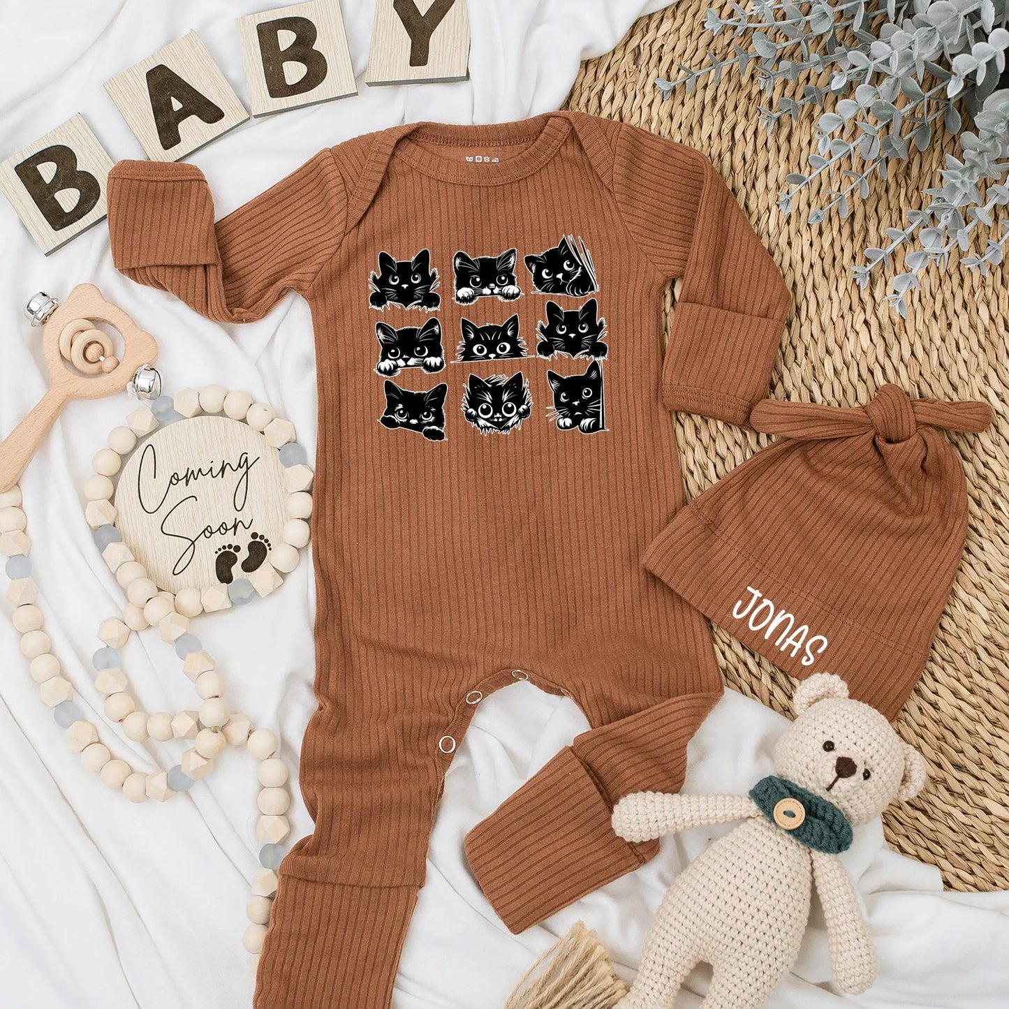 Black Cat Baby Bodysuit, Halloween Newborn Outfit with Cute Cartoon Cat Faces, Funny Baby Shower Gift for Cat Lovers