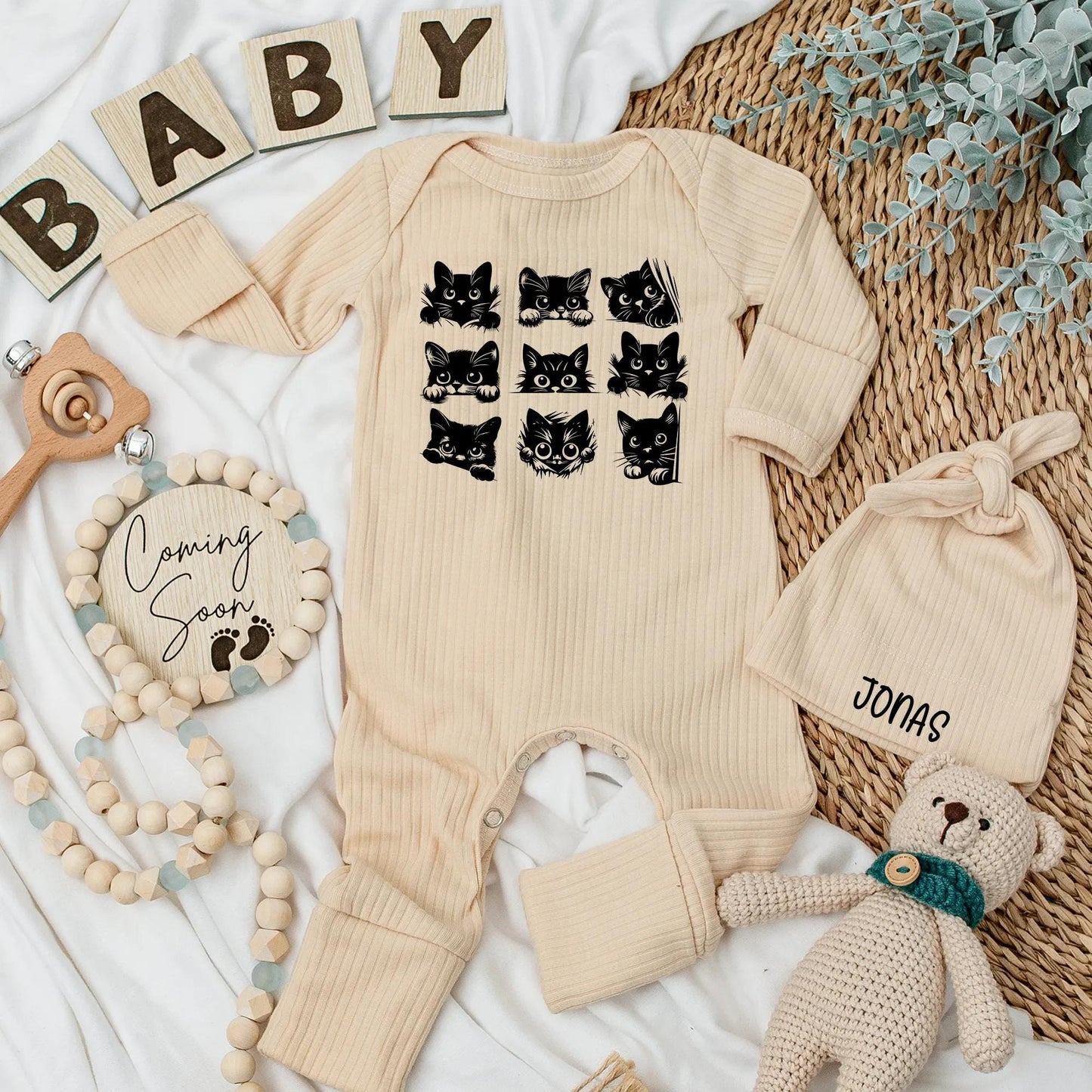 Black Cat Baby Bodysuit, Halloween Newborn Outfit with Cute Cartoon Cat Faces, Funny Baby Shower Gift for Cat Lovers
