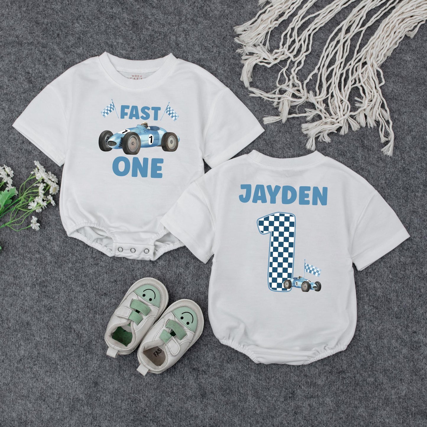 Jayden's Fast One Race Car 1st Birthday Outfit! Custom Name Racing Sweatshirt, Blue & White Checkered First Birthday Party Clothes for a Boy (137 chars)