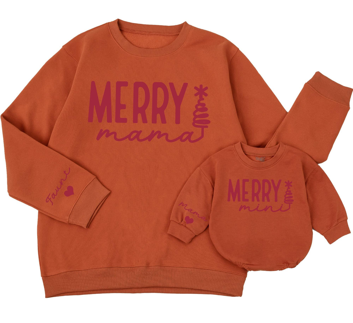 Merry Mama & Mini Matching Sweatshirt Set, Personalized Christmas Family Outfit, Cute Daughter Kid Sweatshirt, Baby Girl Holiday Gift with Name Sleeve Details