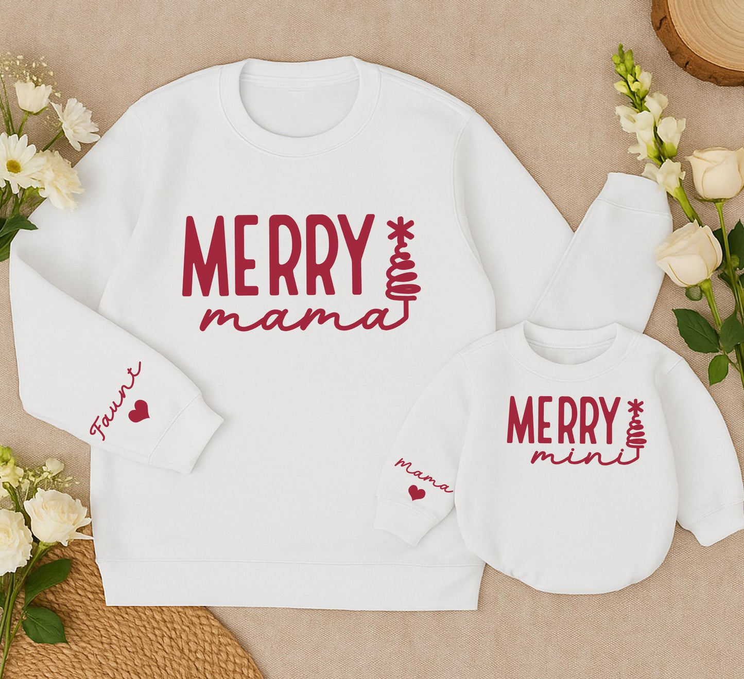 Merry Mama & Mini Matching Sweatshirt Set, Personalized Christmas Family Outfit, Cute Daughter Kid Sweatshirt, Baby Girl Holiday Gift with Name Sleeve Details