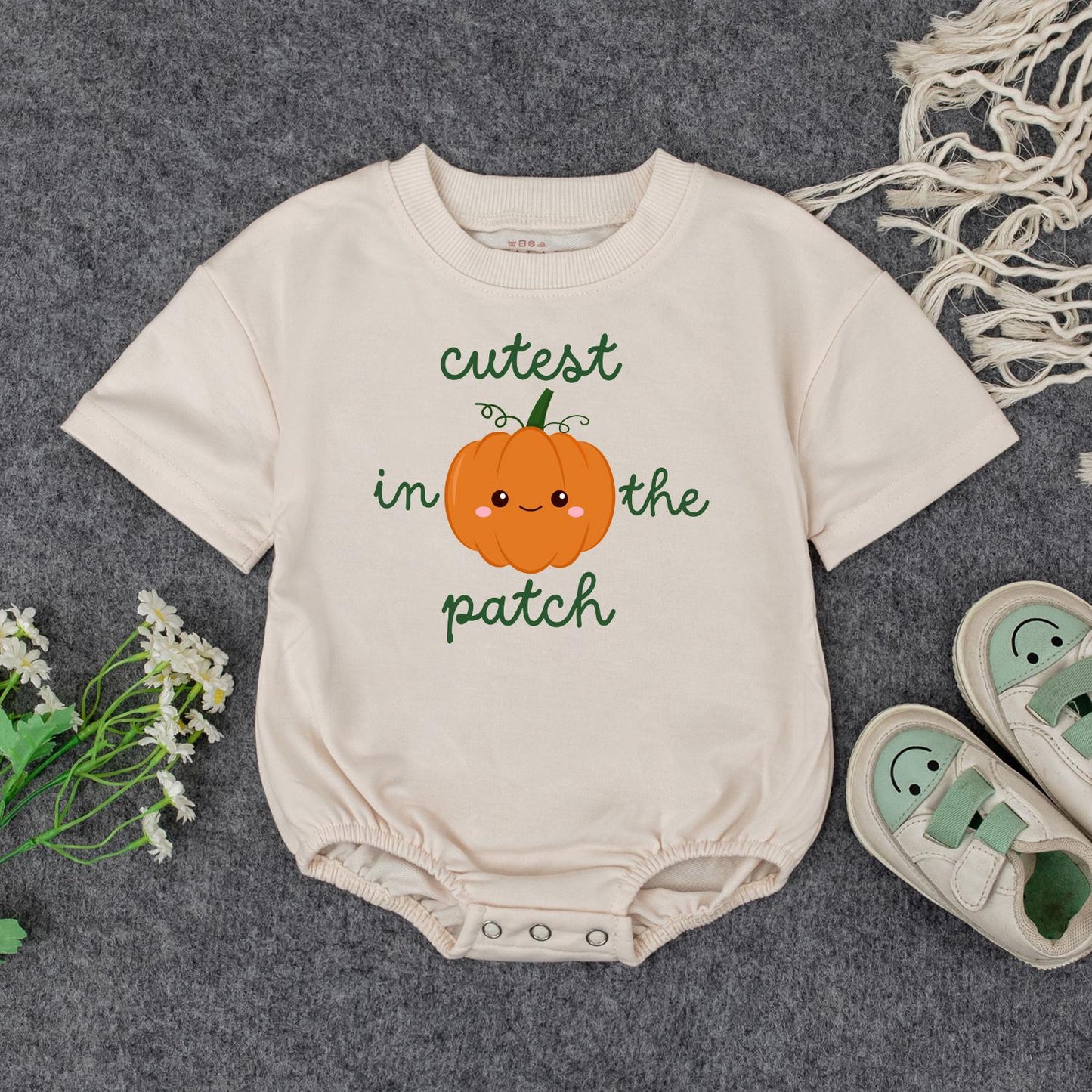Adorable Baby Fall Pumpkin Sweatshirt Cutest In The Patch Smiling Orange Pumpkin Whimsical Green Text Toddler Autumn Halloween Gift
