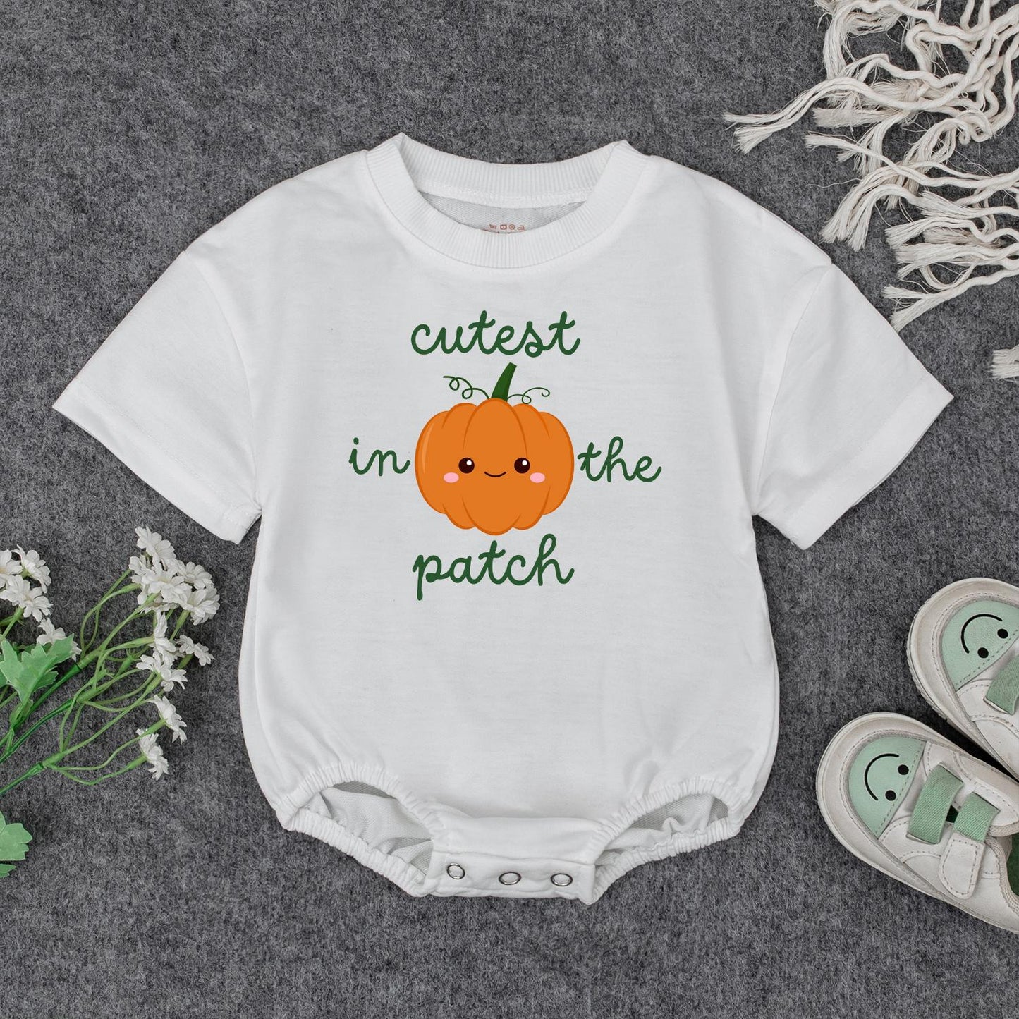 Adorable Baby Fall Pumpkin Sweatshirt Cutest In The Patch Smiling Orange Pumpkin Whimsical Green Text Toddler Autumn Halloween Gift
