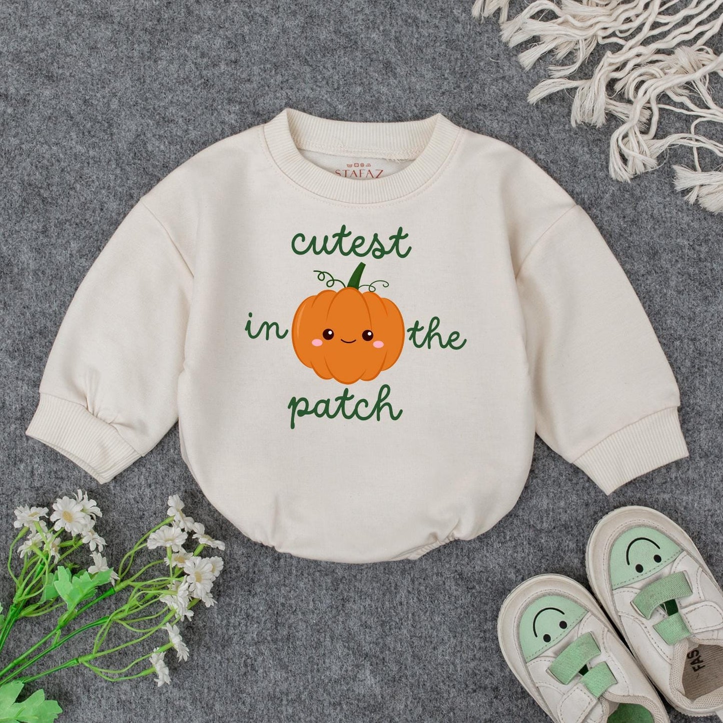 Adorable Baby Fall Pumpkin Sweatshirt Cutest In The Patch Smiling Orange Pumpkin Whimsical Green Text Toddler Autumn Halloween Gift