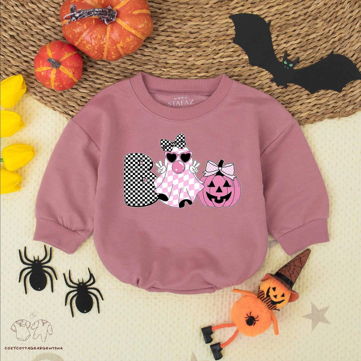 Boo Ghost Halloween Bubble Romper Sweatshirt: Cute Baby Girl Outfit with Checkered Ghost & Jack-o'-Lantern Bows, Trendy Halloween Costume, Fall Baby Clothes