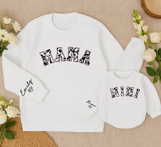 Personalized Mama & Mini Cowhide Matching Sweatshirts, Custom Name Western Christmas Outfit, Mom and Baby Girl Set, Country Holiday, Winter Clothes