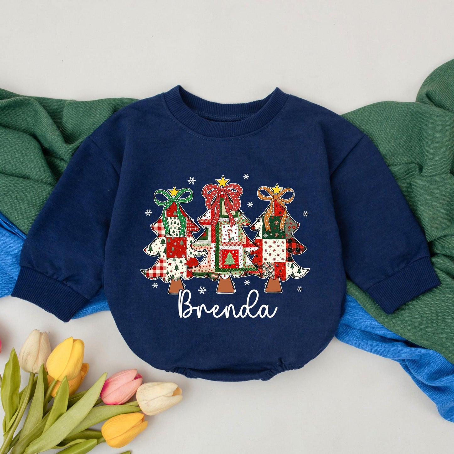 Personalized First Christmas Romper, Brenda's Patchwork Tree Outfit, Custom Xmas Bodysuit, Retro Holiday Gift, Baby Girl Clothes, Unique Shower Present (138 chars)