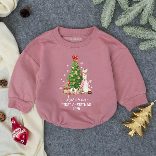 Personalized Baby Girl Christmas Bubble Romper Cute Bunny Tree Design Aurora's First Christmas 2025 Holiday Toddler Infant Soft Winter Gift