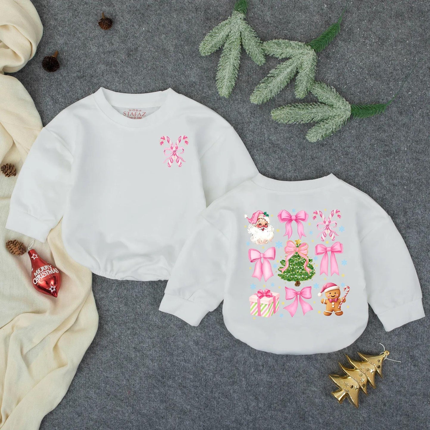 Pink Christmas Bow Bubble Romper for Baby Girl with Santa Claus Trees Gingerbread Men & Candy Cane Design Perfect First Christmas Gift