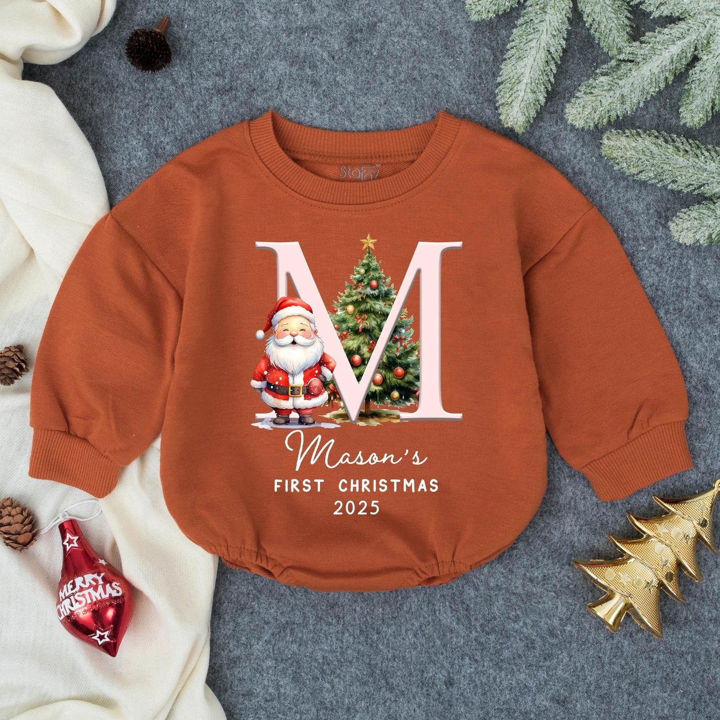 Personalized "M" Santa Christmas Bubble Romper My First Christmas 2025 Baby Gift Red Green Gold Festive Toddler