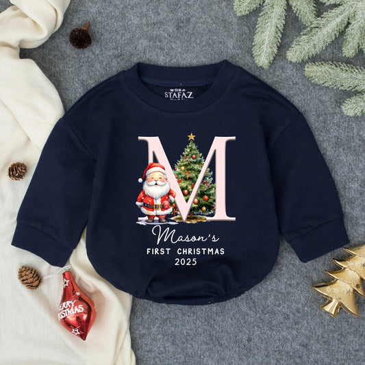 Personalized "M" Santa Christmas Bubble Romper My First Christmas 2025 Baby Gift Red Green Gold Festive Toddler