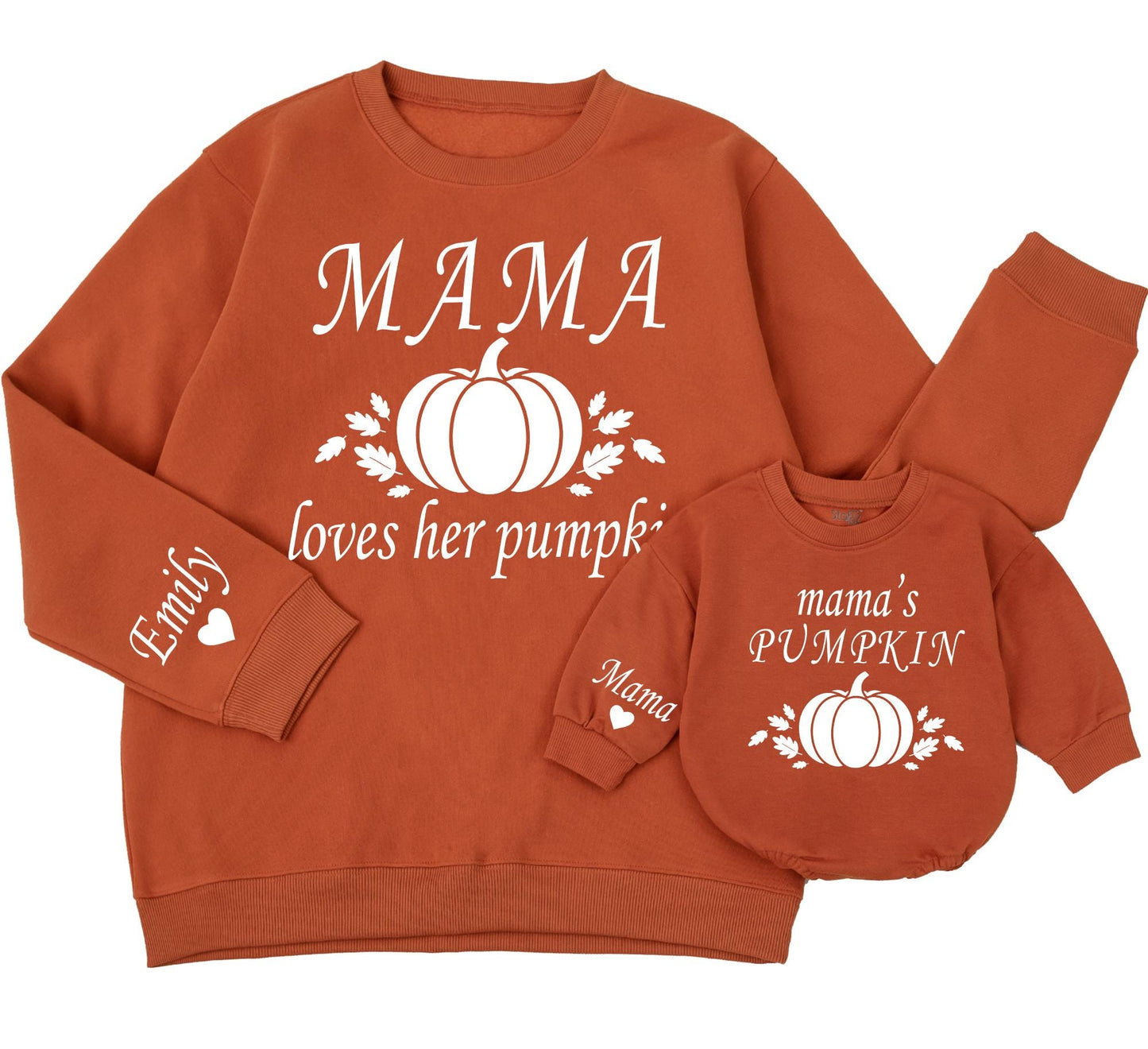Mama Loves Her Pumpkin Mommy and Me Matching Fall Sweatshirts with Pumpkin Leaf Graphics for Kids and Toddlers