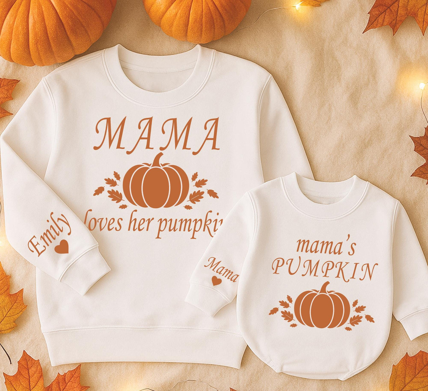 Mama Loves Her Pumpkin Mommy and Me Matching Fall Sweatshirts with Pumpkin Leaf Graphics for Kids and Toddlers