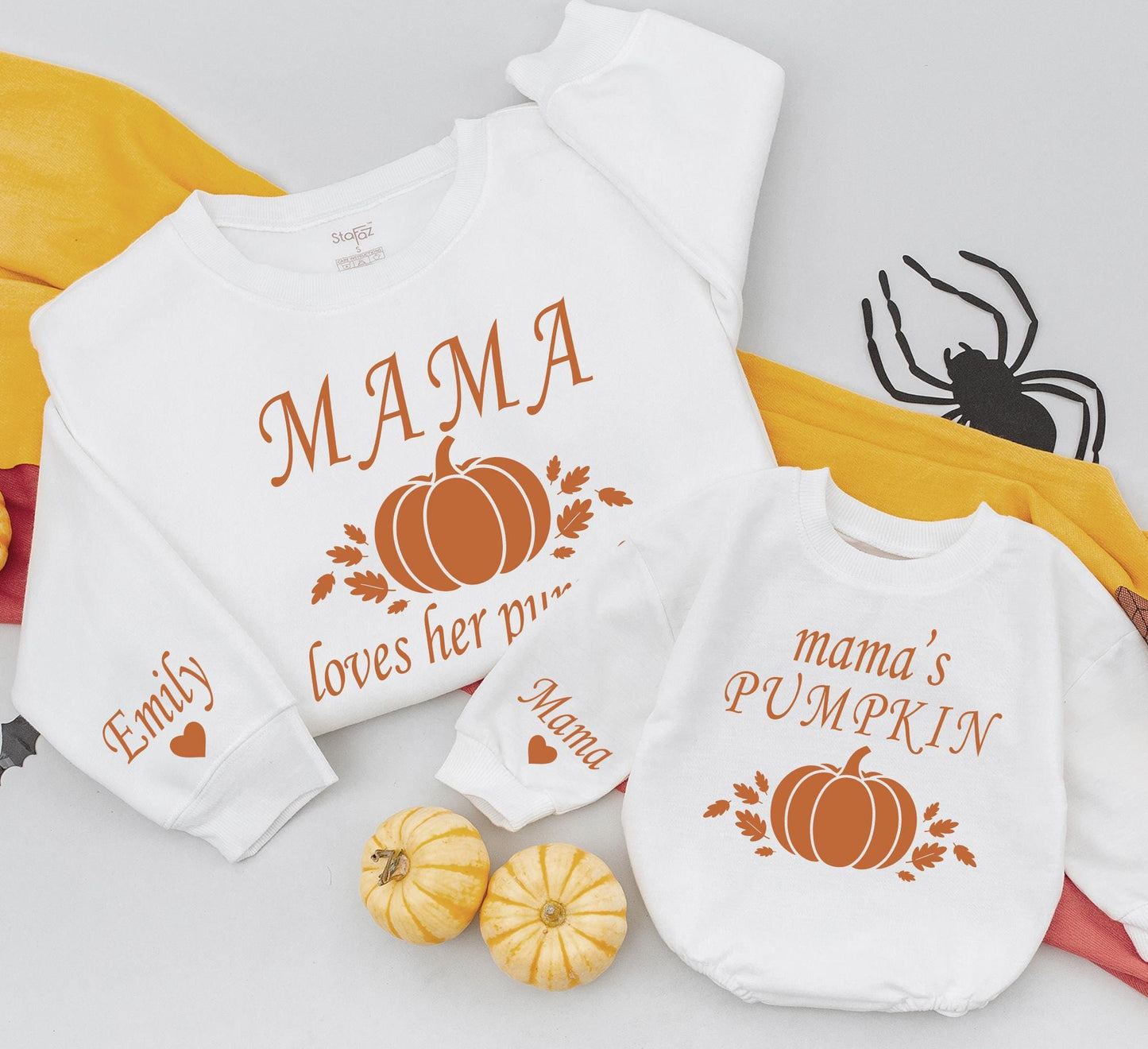 Mama Loves Her Pumpkin Mommy and Me Matching Fall Sweatshirts with Pumpkin Leaf Graphics for Kids and Toddlers