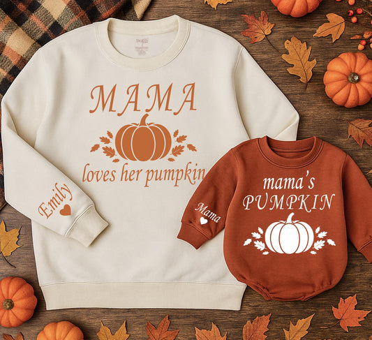 Mama Loves Her Pumpkin Mommy and Me Matching Fall Sweatshirts with Pumpkin Leaf Graphics for Kids and Toddlers