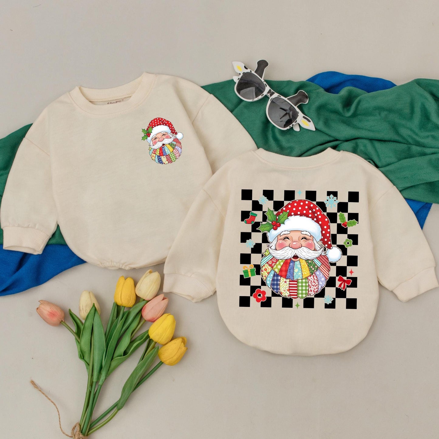 Personalized Patchwork Santa Claus Romper for Baby's First Christmas, Custom Name Xmas Bodysuit, Retro Baby Girl Outfit, Holiday Gift (139 chars)