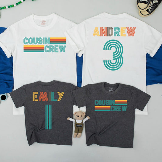 Matching Cousin Crew Shirts Retro 70s Style Custom Family Trip Tees for Kids, Personalized Andrew & Emily Cousin Club Cotton
