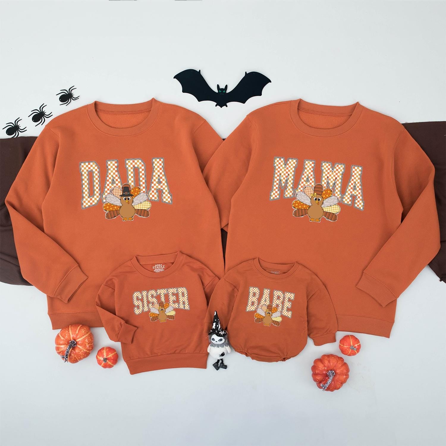 Thanksgiving Matching Family Sweatshirt Custom Turkey Name Orange Checkered Letters Fall Outfit Little Turkey Kids Shirt Autumn Vibes Personalized Gift (138 chars)