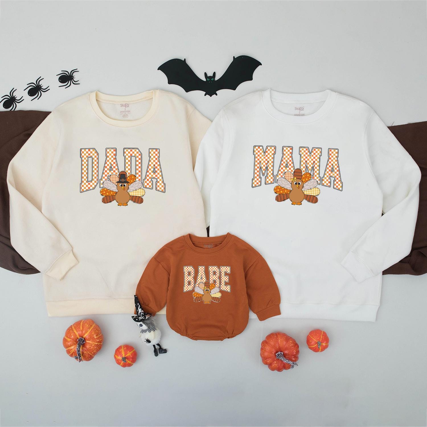 Thanksgiving Matching Family Sweatshirt Custom Turkey Name Orange Checkered Letters Fall Outfit Little Turkey Kids Shirt Autumn Vibes Personalized Gift (138 chars)