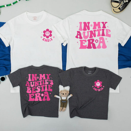 In My Auntie Era Retro Matching Shirts for Aunt & Bestie Pink Flower Design Fun Aunt Gift from Niece, New Aunt to Be Outfit Comfortable Cotton (138 chars)
