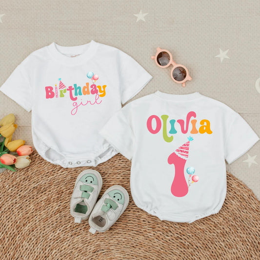 Personalized Olivia First Birthday Girl Shirt Pink Bow Cake Balloon One Year Old Party Outfit Toddler Baby Celebration Gift Cute Whimsical Tee