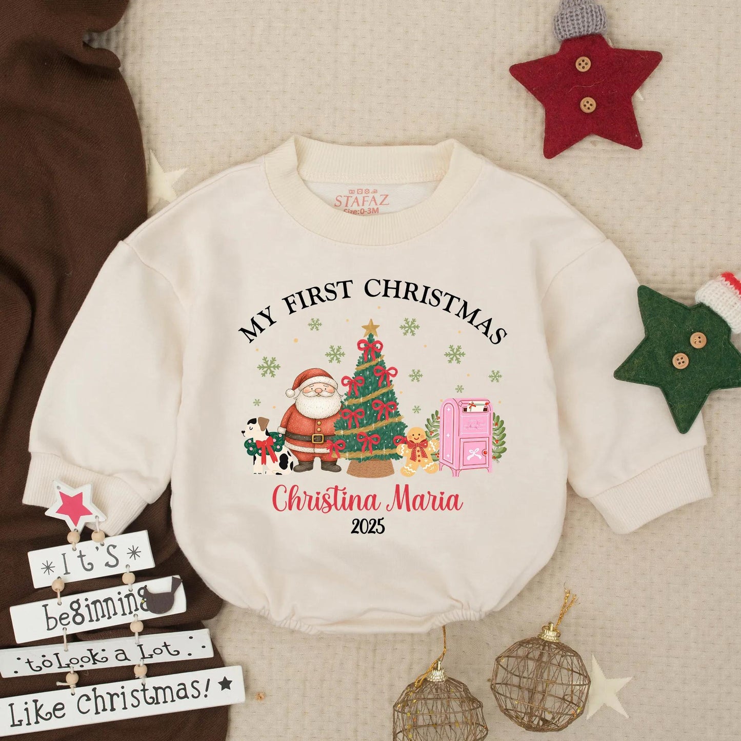 Personalized My First Christmas Baby Bubble Romper Christina Maria 2025 Festive Holiday Infant Toddler Santa Tree Gingerbread Dog Outfit
