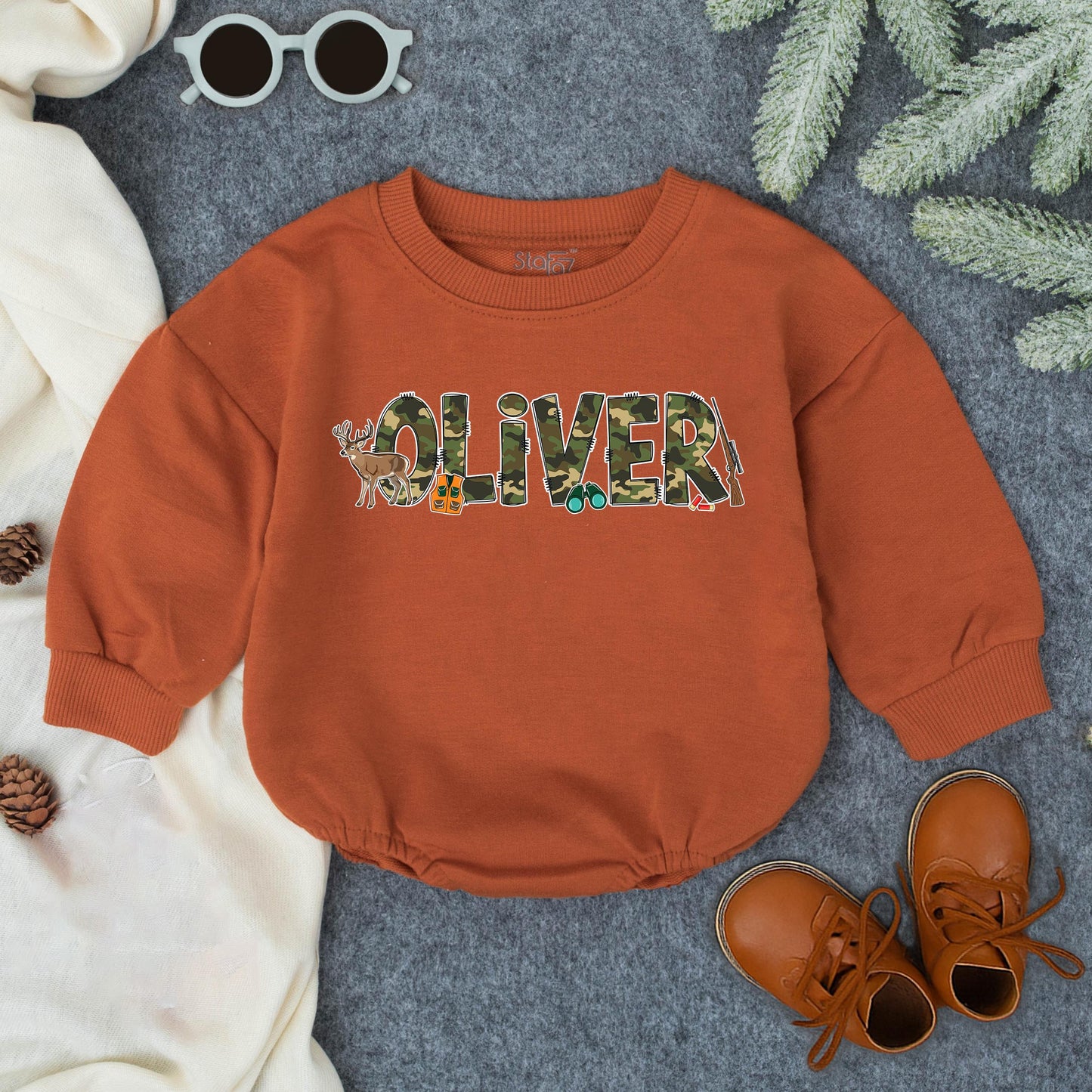 Personalized Baby Hunting Bodysuit with Green Brown Camo Name Playful Deer Rifle Graphics Toddler Romper Sweatshirt First Birthday Shower Gift