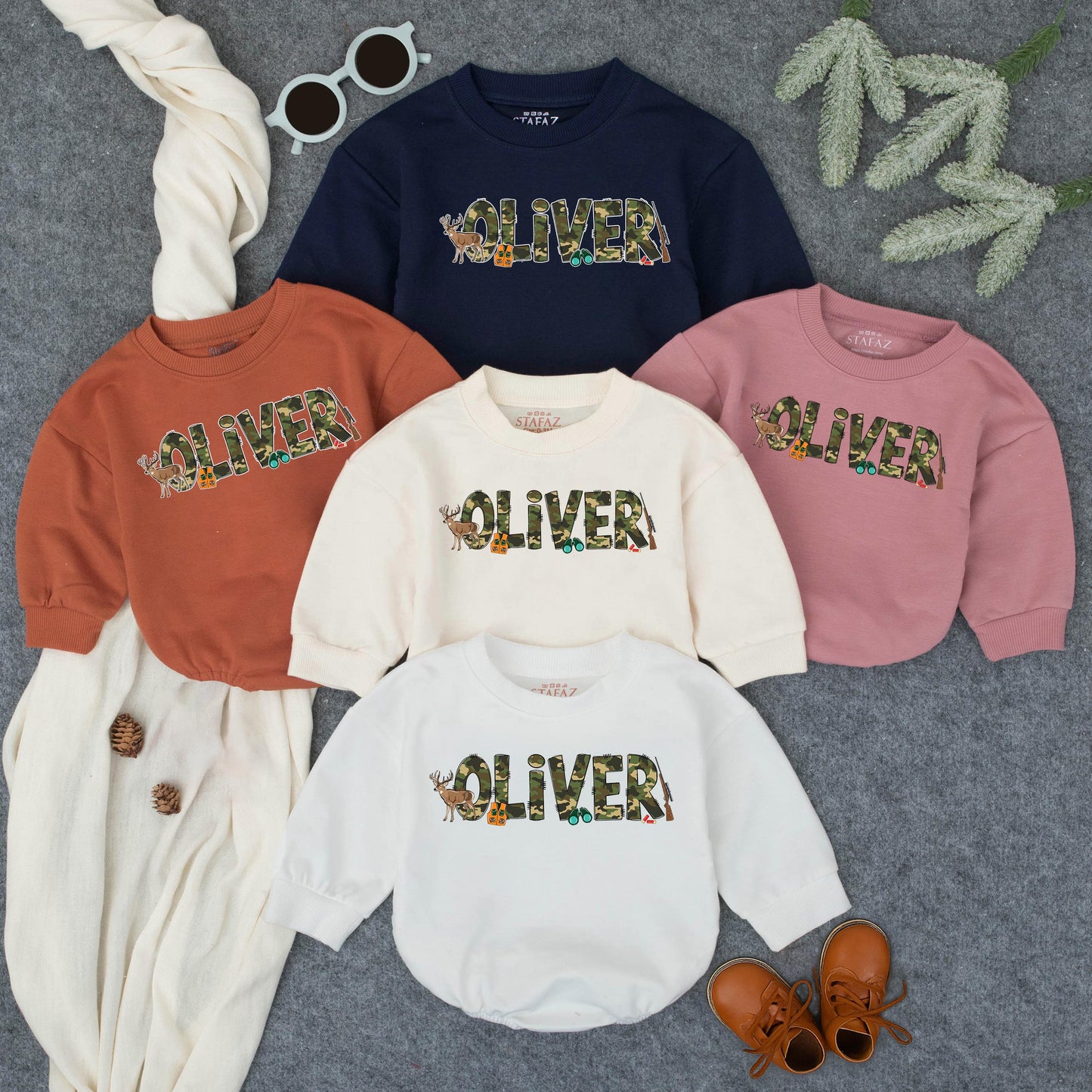 Personalized Baby Hunting Bodysuit with Green Brown Camo Name Playful Deer Rifle Graphics Toddler Romper Sweatshirt First Birthday Shower Gift