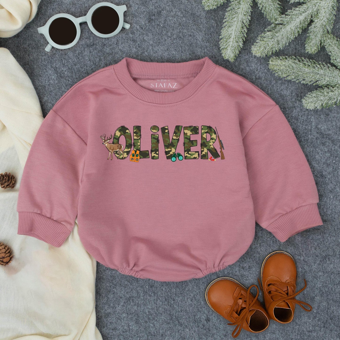 Personalized Baby Hunting Bodysuit with Green Brown Camo Name Playful Deer Rifle Graphics Toddler Romper Sweatshirt First Birthday Shower Gift