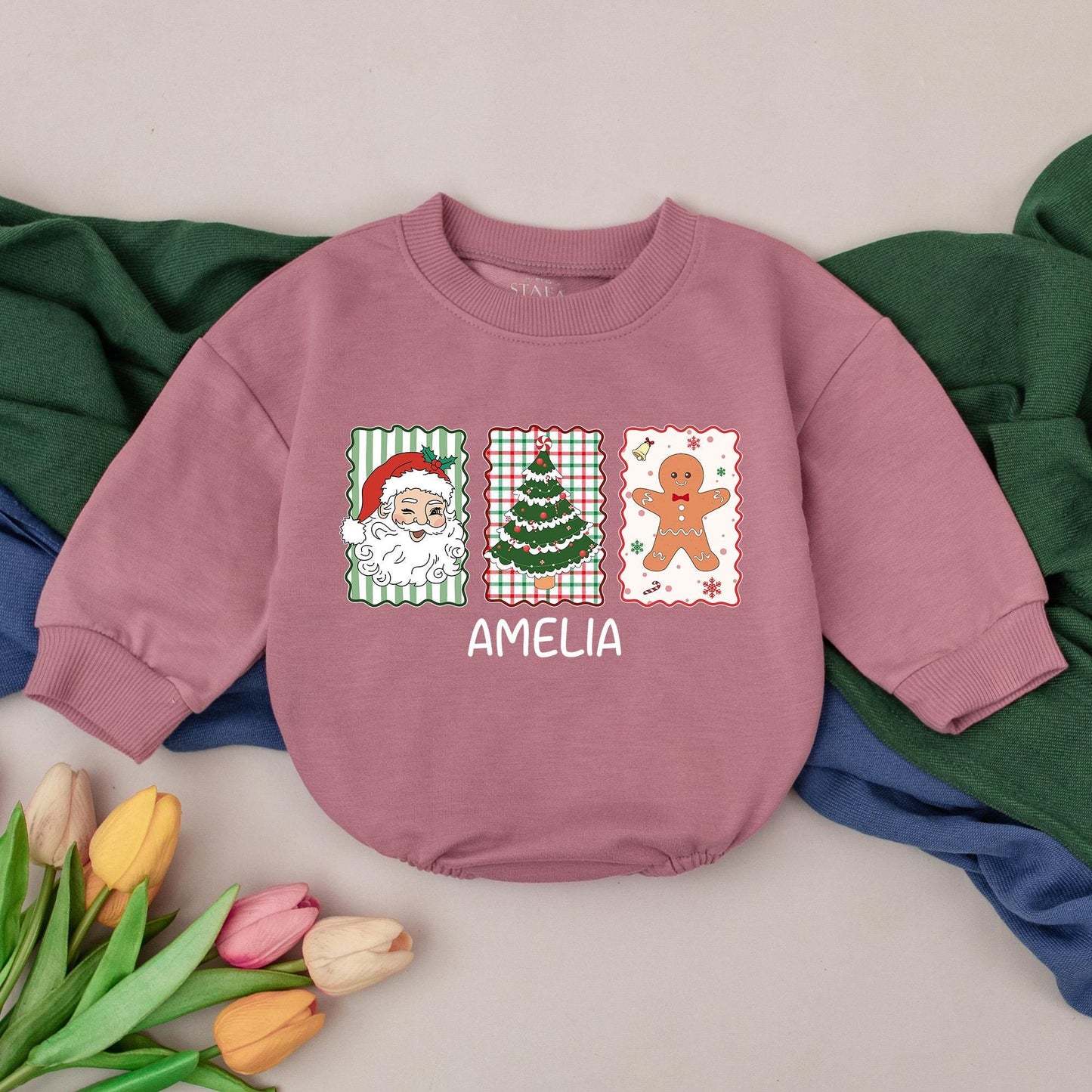 Personalized Retro Christmas Baby Romper, Winking Santa Outfit, Custom AMELIA Bodysuit, First Xmas Gift, Gingerbread Man Holiday Clothes 139chars