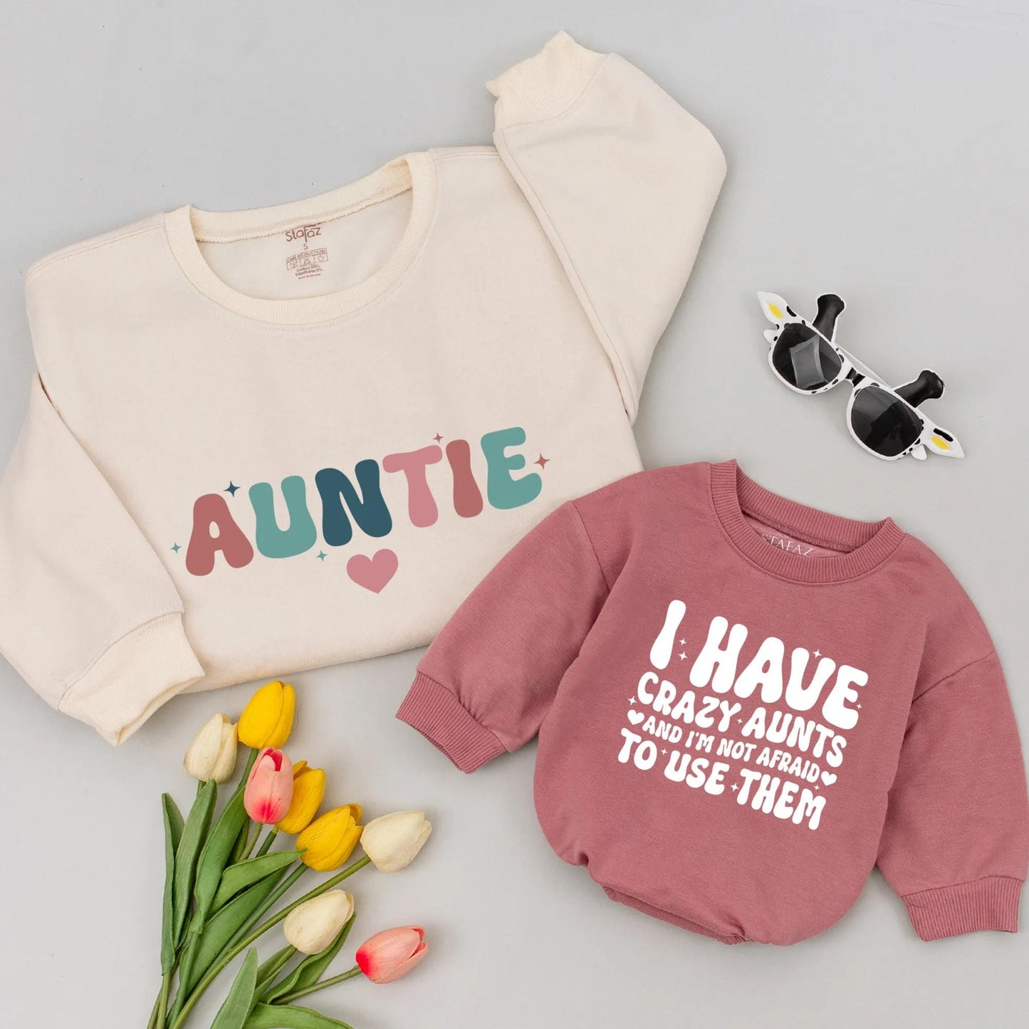 Retro Auntie & Crazy Aunts Matching Sweatshirt Set: Whimsical Aunt Nephew Gift for Baby Announcement & Shower, Pink Teal Navy Stars Hearts Design (139 chars)