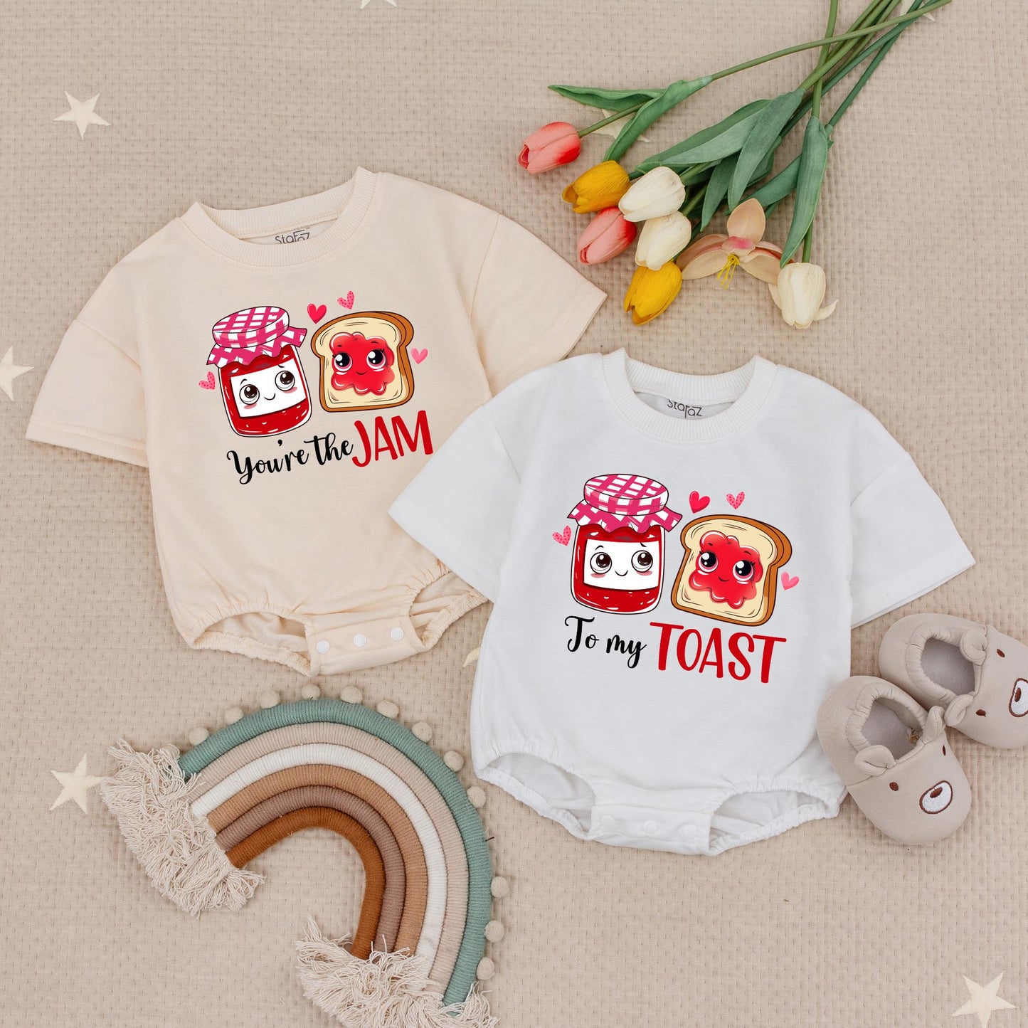 You're the Jam to My Toast Twin Rompers: Cute Matching Baby Outfits, Playful Cartoon Food Design for Sibling Photo Shoot, Unique Twins Announcement Gift