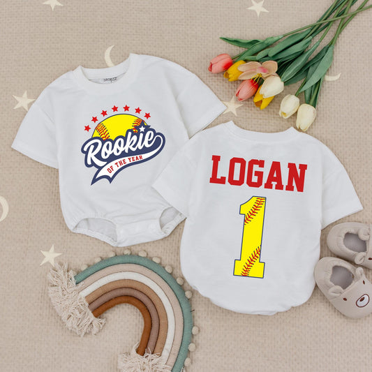 Rookie of the Year Softball Baby Romper Custom Script & Block Letter Design Red Stars Navy Swoosh 1st Birthday Gameday Outfit