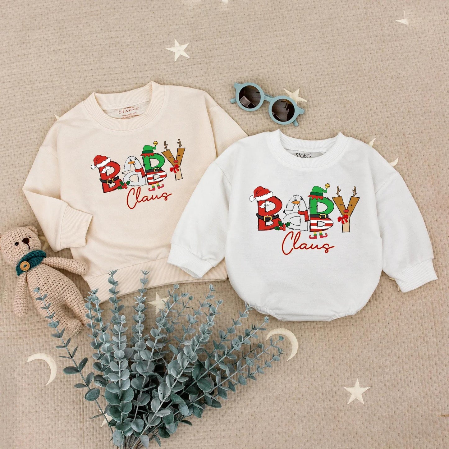 Matching Family Christmas Claus Shirts with Festive Character Letter Designs like Santa Elf Reindeer for Daddy Mommy Baby, Fun Holiday Sweatshirt Outfit
