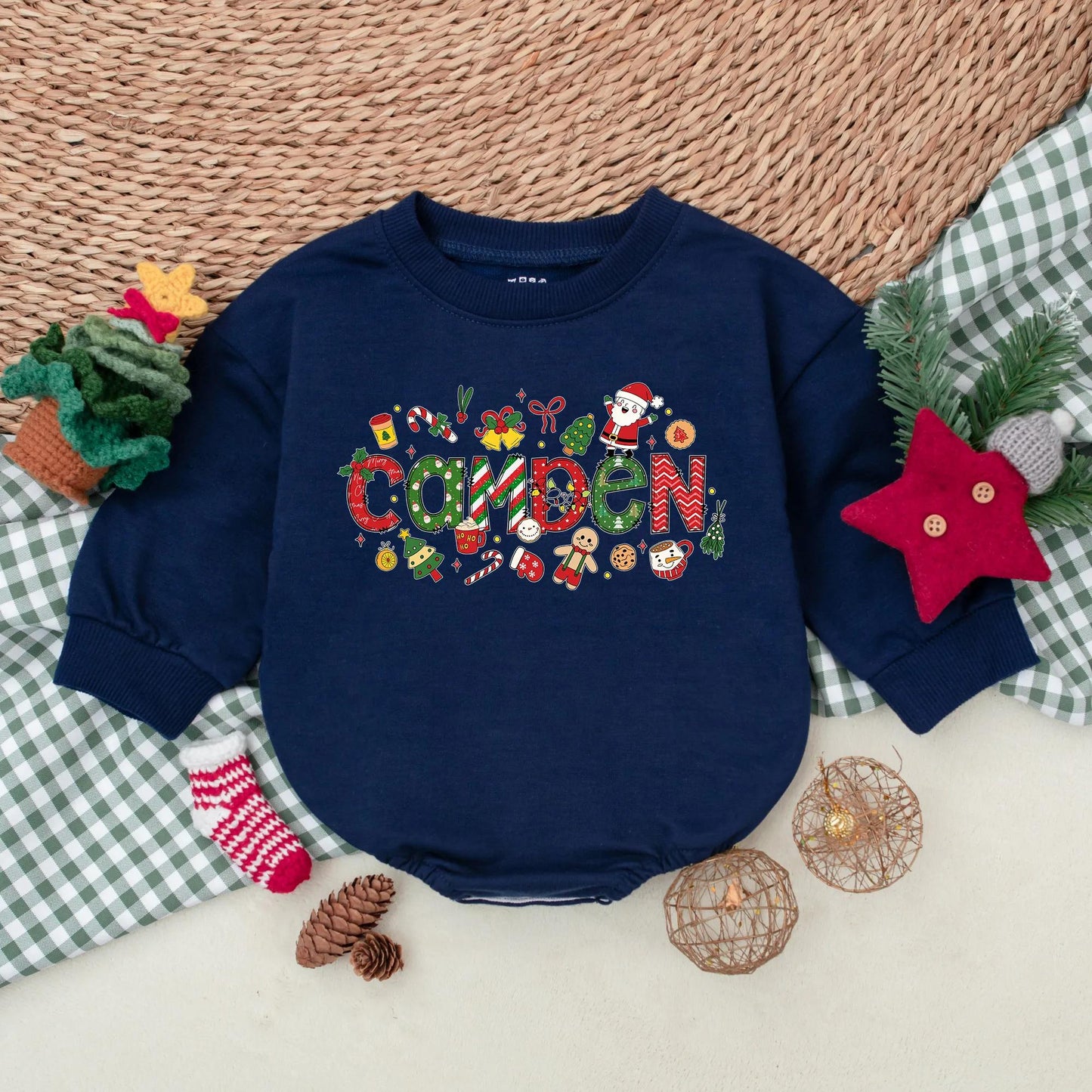 Personalized Baby Boy Christmas Romper My 1st Christmas Holiday Bodysuit Whimsical Festive Design with Santa Candy Canes Trees Ornaments