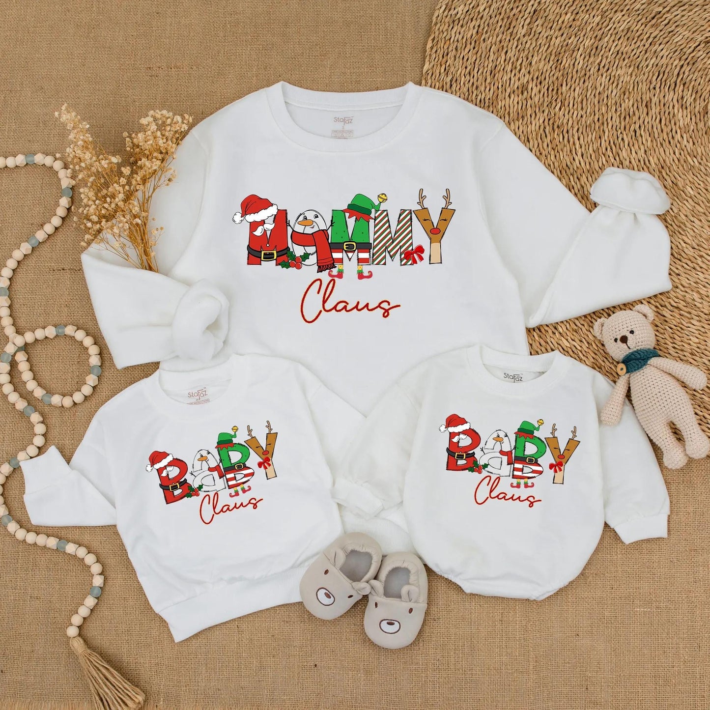 Family Matching Christmas Claus Crew Sweatshirts Tees with Custom Baby Outfit Festive Holiday Character Artwork Whimsical Vibrant Design