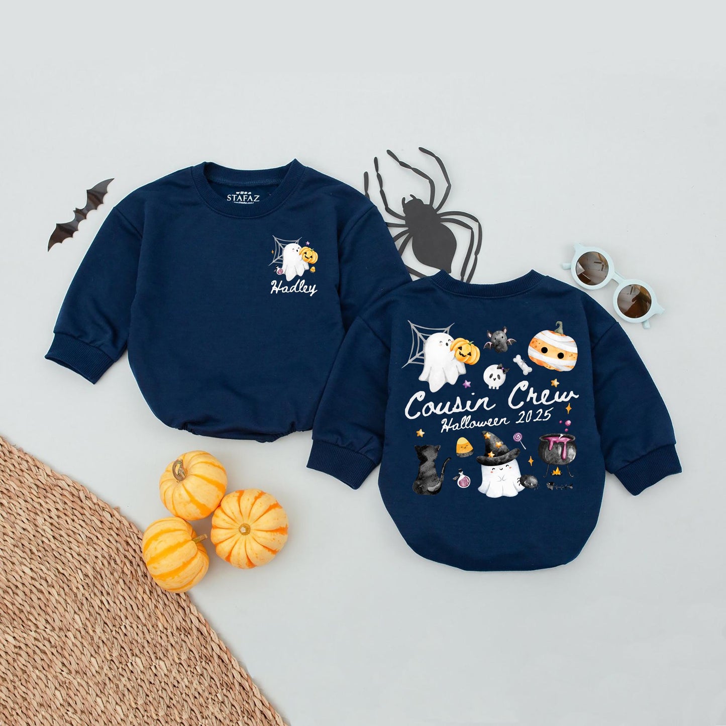 Custom Hadley & Cousin Crew Halloween 2025 Matching Romper Set, Personalized Spooky Season Outfit for Baby and Kids, Cute Ghost & Pumpkin Design 139